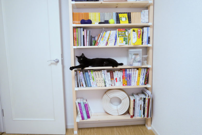 ツーバイフォー材とラブリコで作った本棚で長くなって寛いでいる黒猫チビ